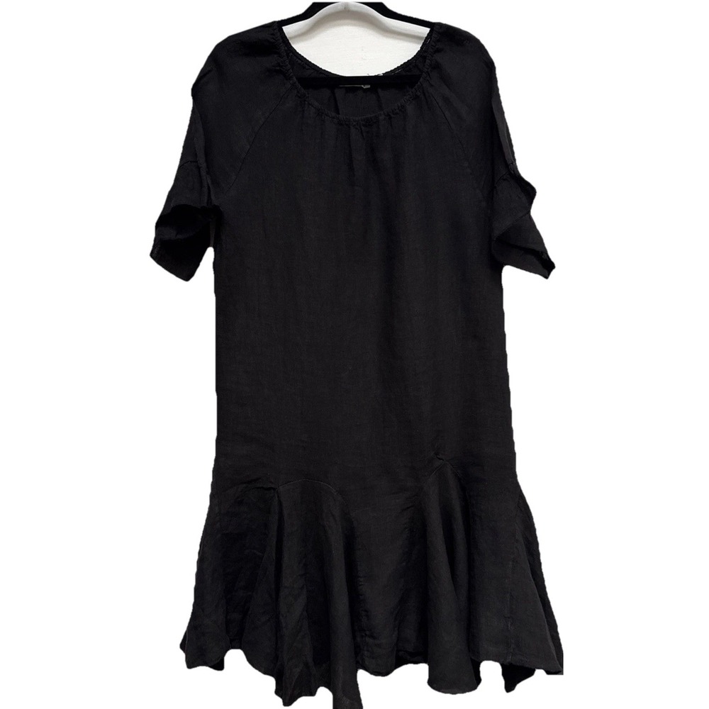 Camille &Co Black Linen Peasant Style Dress Size S Ruffle Staggered Hemline